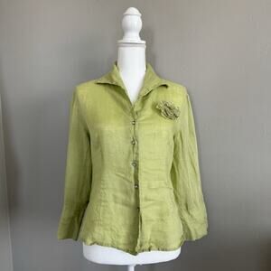 Vintage Tracy M. Woman’s Button Up Shirt 100% Linen Green Floral Accent S L